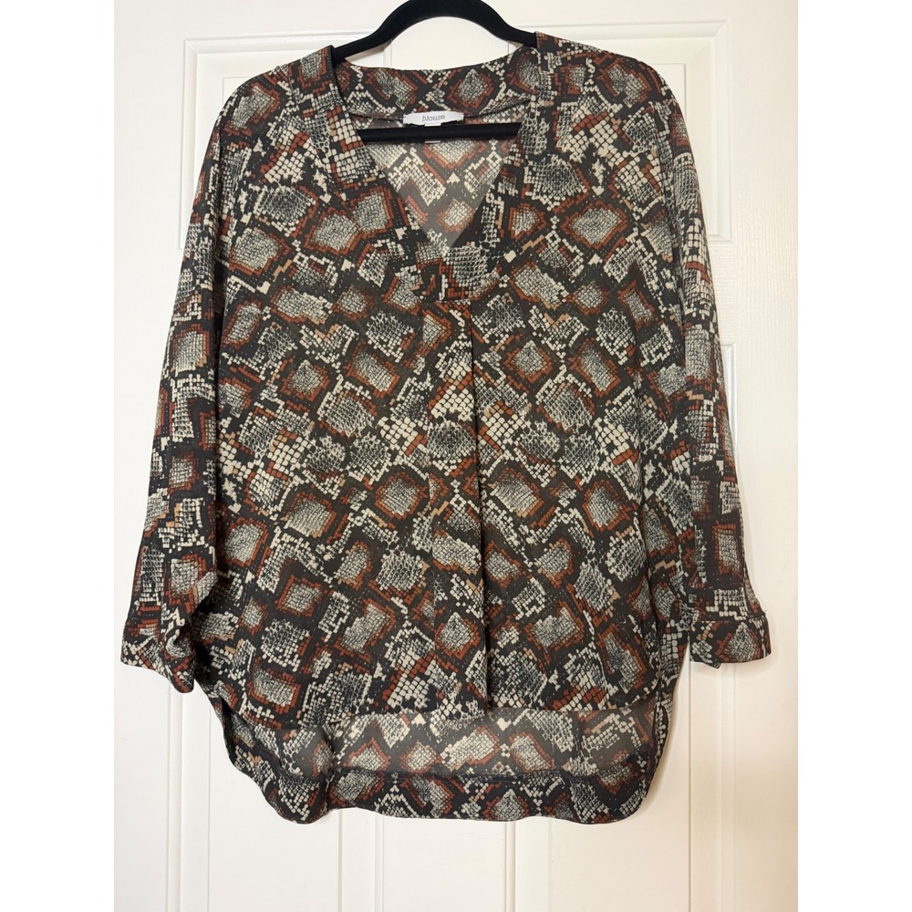 Blouse Womens Small Snakeskin Diamond Print V-Neck High Low Top Brown Gray S
